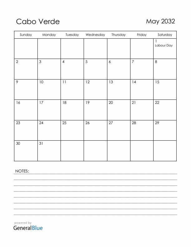 May 2032 Cabo Verde Calendar with Holidays (Sunday Start)