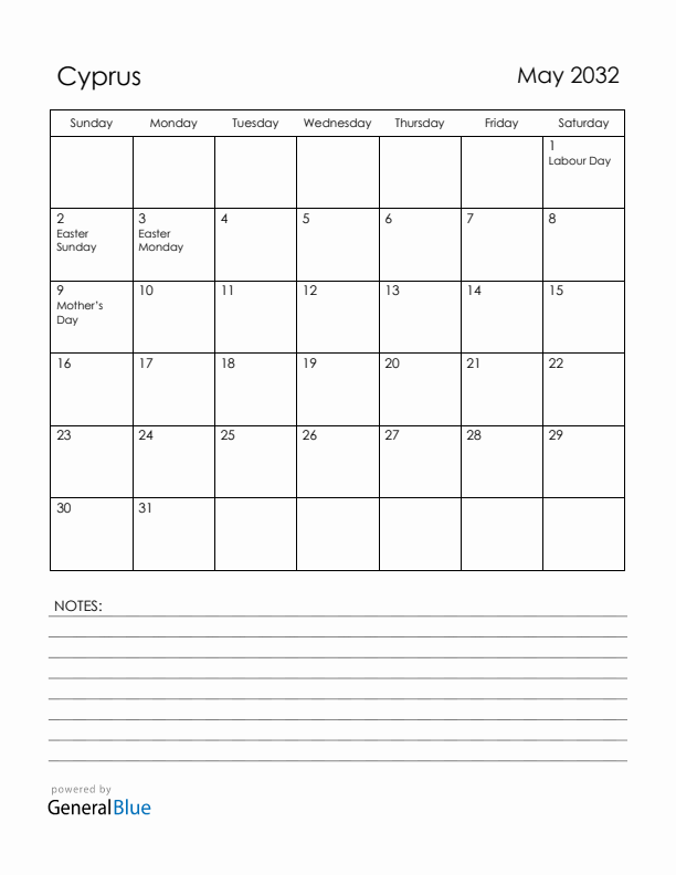 May 2032 Cyprus Calendar with Holidays (Sunday Start)