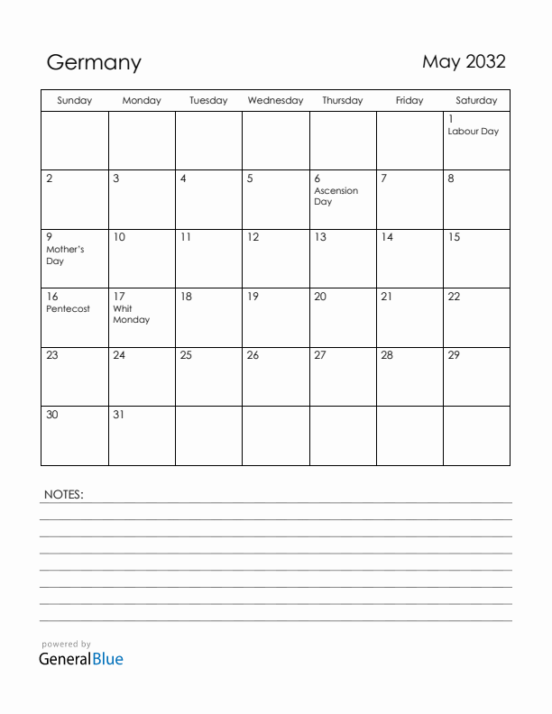 May 2032 Germany Calendar with Holidays (Sunday Start)