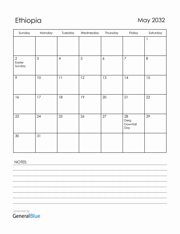 May 2032 Ethiopia Calendar with Holidays (Sunday Start)
