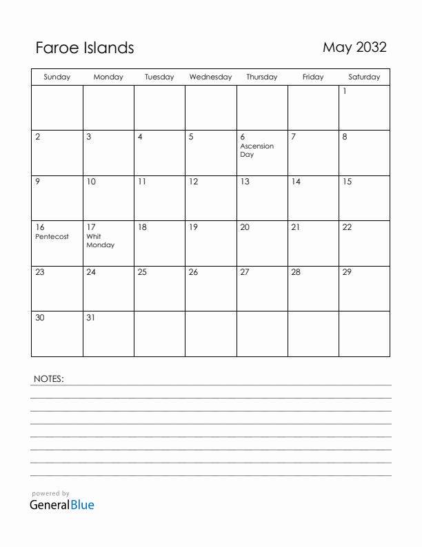 May 2032 Faroe Islands Calendar with Holidays (Sunday Start)