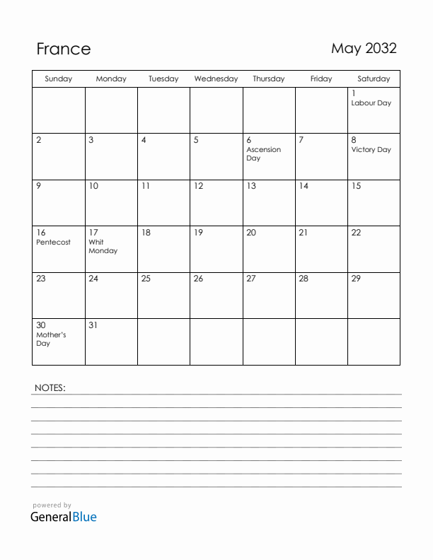 May 2032 France Calendar with Holidays (Sunday Start)