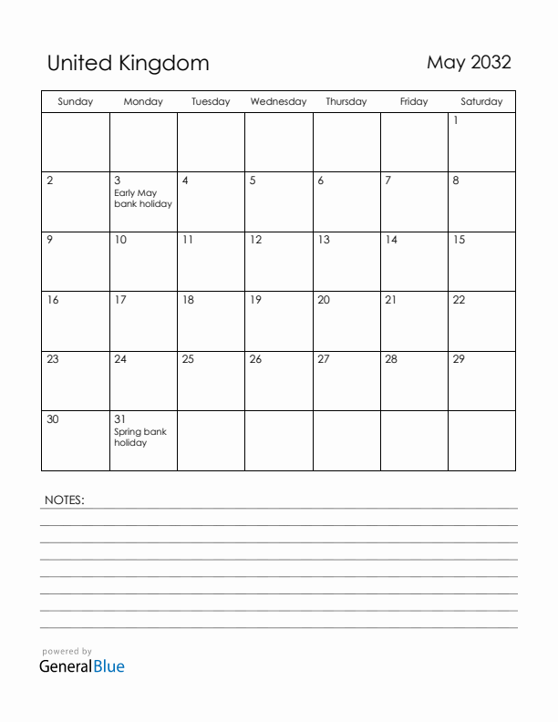 May 2032 United Kingdom Calendar with Holidays (Sunday Start)