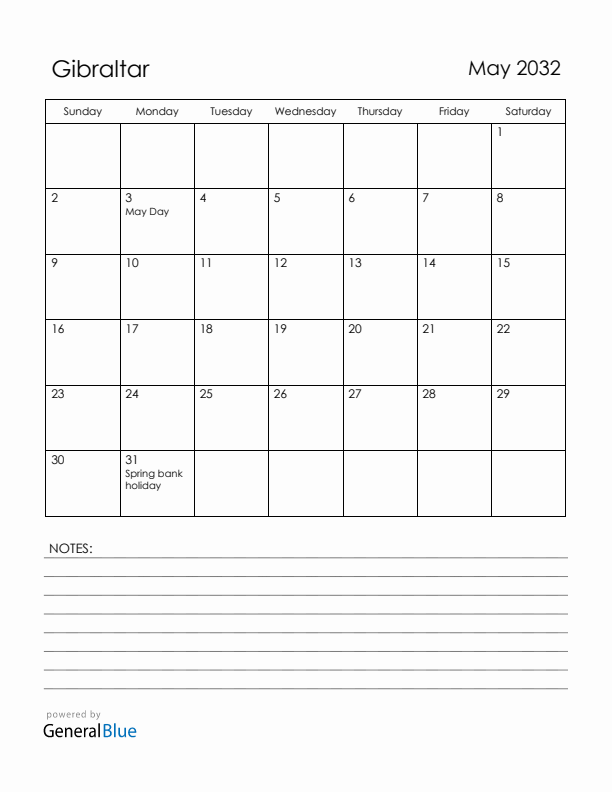 May 2032 Gibraltar Calendar with Holidays (Sunday Start)