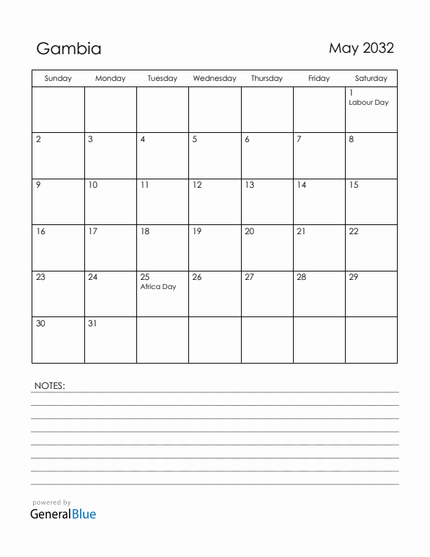 May 2032 Gambia Calendar with Holidays (Sunday Start)