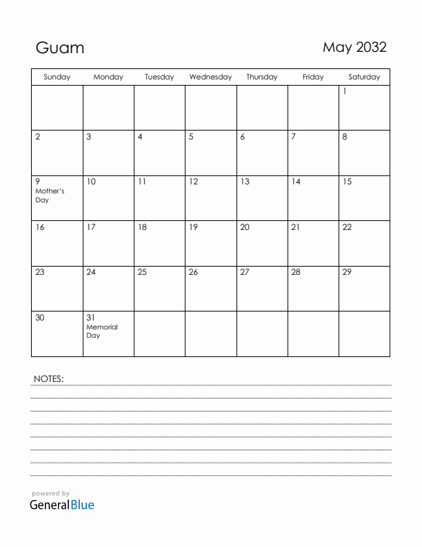 May 2032 Guam Calendar with Holidays (Sunday Start)