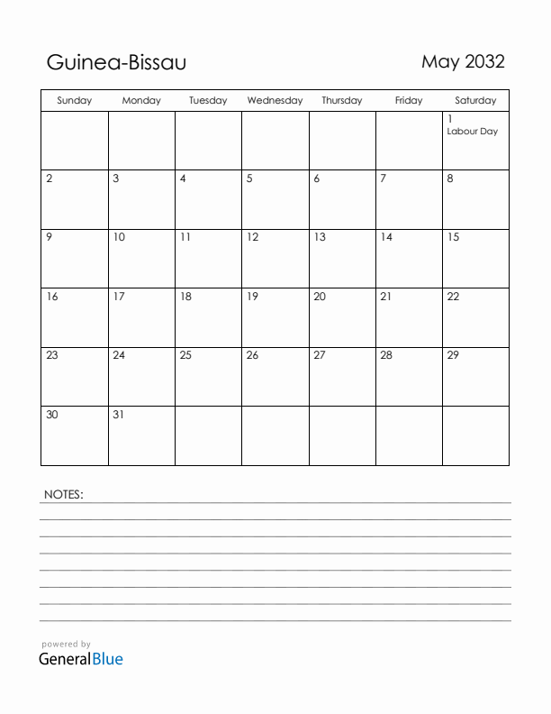 May 2032 Guinea-Bissau Calendar with Holidays (Sunday Start)