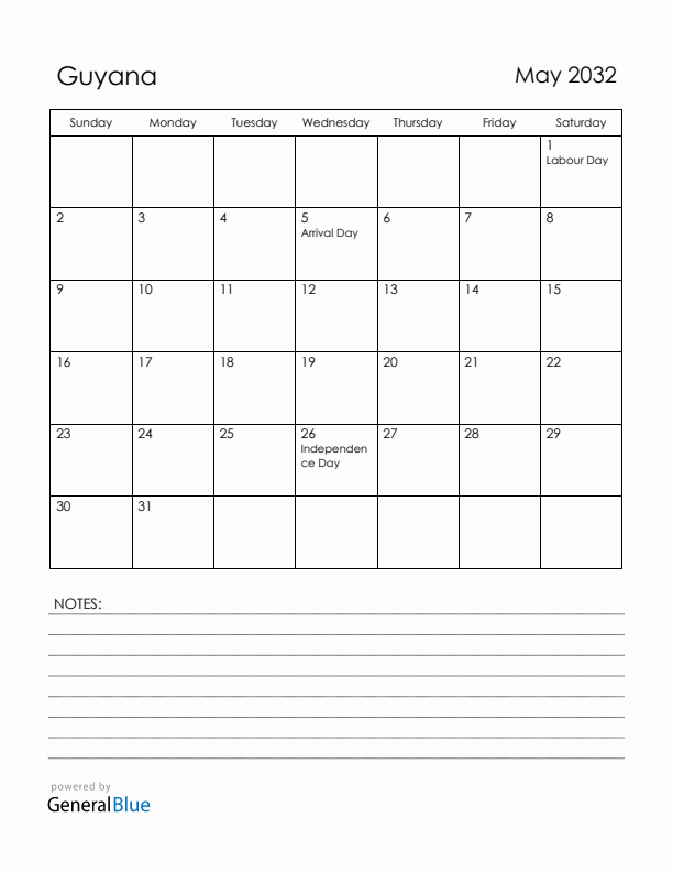 May 2032 Guyana Calendar with Holidays (Sunday Start)