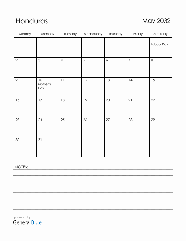 May 2032 Honduras Calendar with Holidays (Sunday Start)