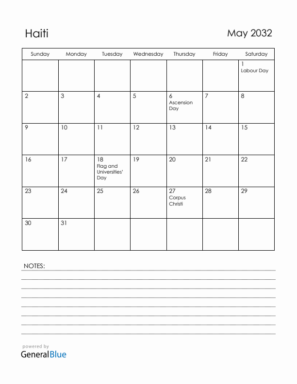 May 2032 Haiti Calendar with Holidays (Sunday Start)
