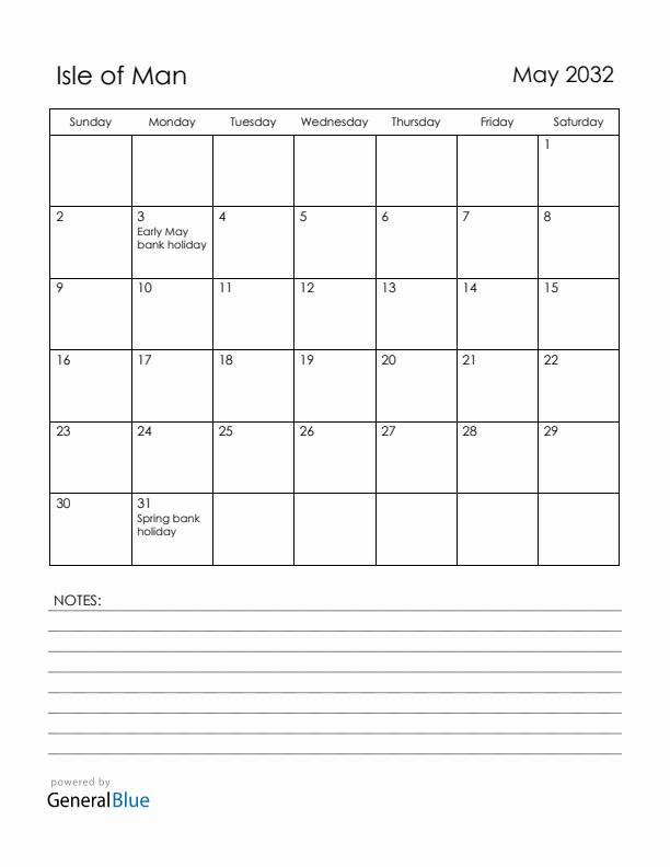 May 2032 Isle of Man Calendar with Holidays (Sunday Start)