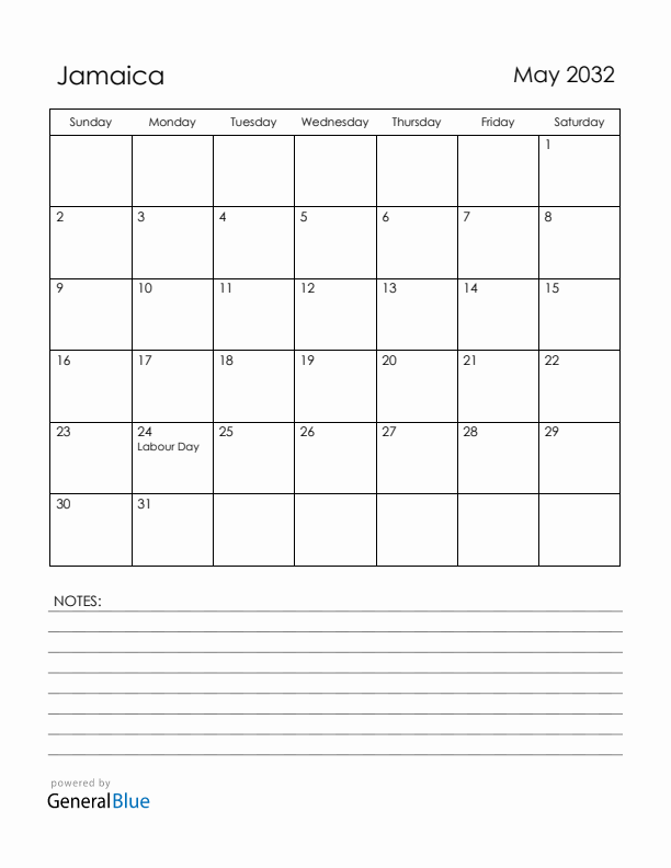 May 2032 Jamaica Calendar with Holidays (Sunday Start)