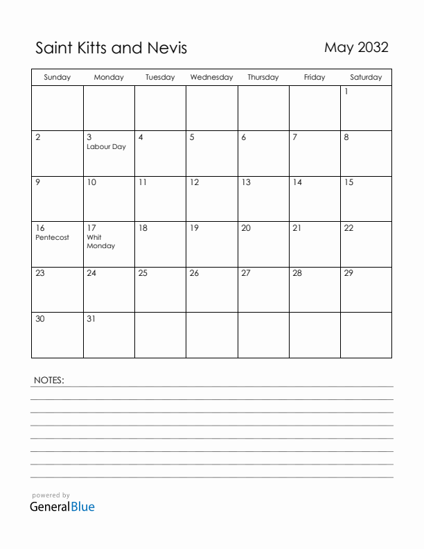 May 2032 Saint Kitts and Nevis Calendar with Holidays (Sunday Start)
