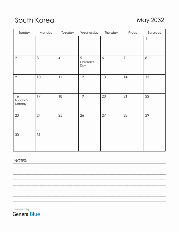 May 2032 South Korea Calendar with Holidays (Sunday Start)