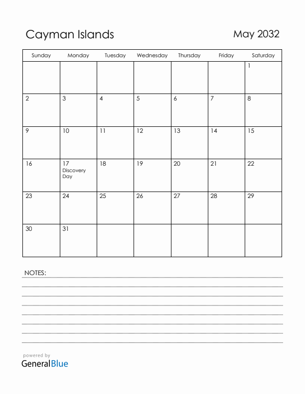 May 2032 Cayman Islands Calendar with Holidays (Sunday Start)