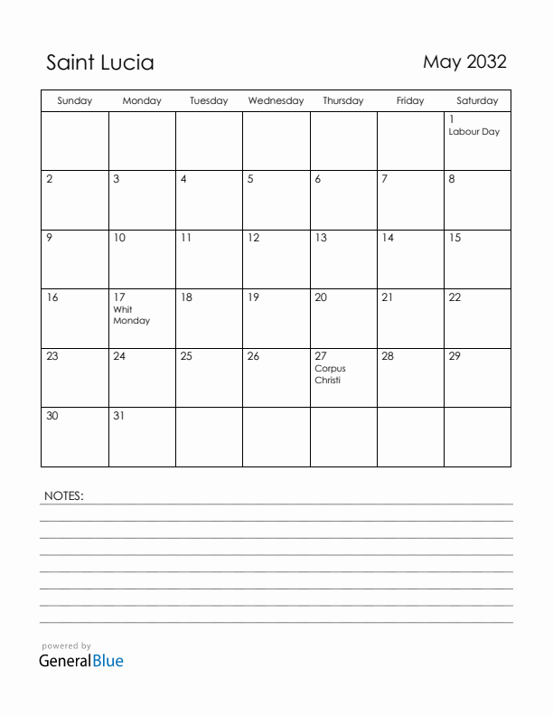 May 2032 Saint Lucia Calendar with Holidays (Sunday Start)