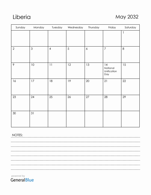 May 2032 Liberia Calendar with Holidays (Sunday Start)