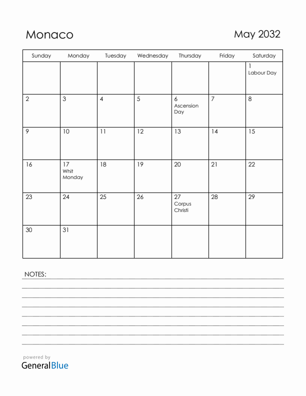 May 2032 Monaco Calendar with Holidays (Sunday Start)