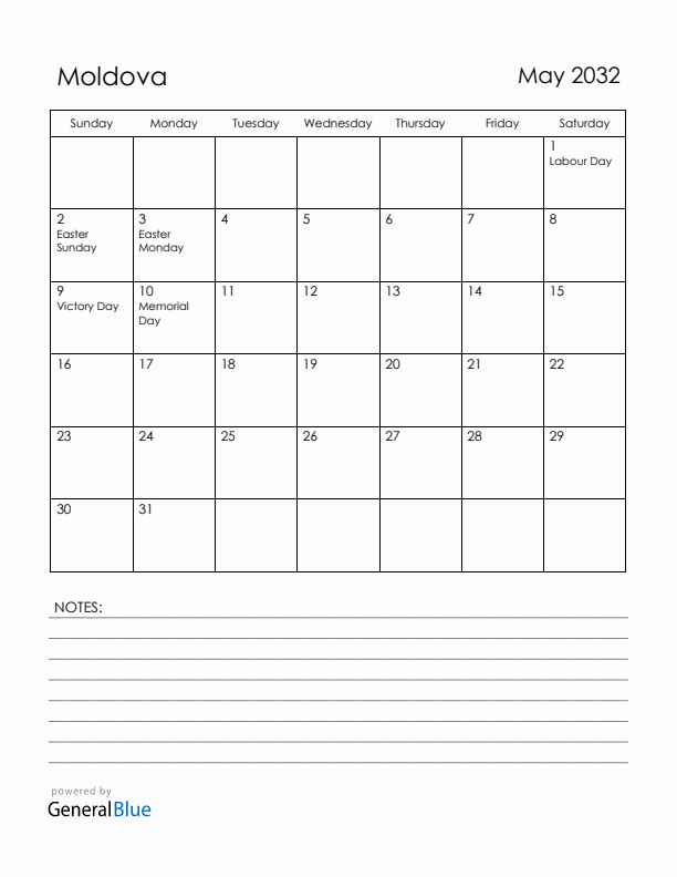 May 2032 Moldova Calendar with Holidays (Sunday Start)