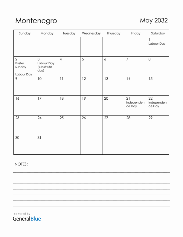 May 2032 Montenegro Calendar with Holidays (Sunday Start)