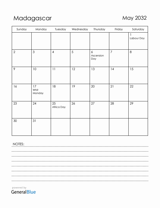 May 2032 Madagascar Calendar with Holidays (Sunday Start)