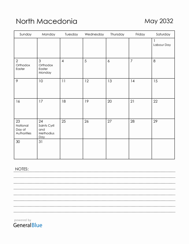 May 2032 North Macedonia Calendar with Holidays (Sunday Start)