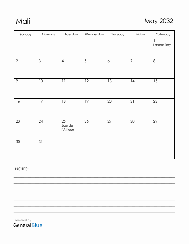 May 2032 Mali Calendar with Holidays (Sunday Start)