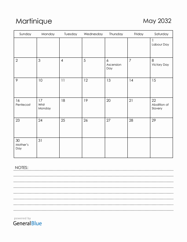 May 2032 Martinique Calendar with Holidays (Sunday Start)