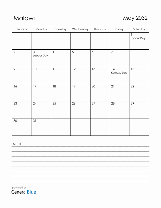 May 2032 Malawi Calendar with Holidays (Sunday Start)
