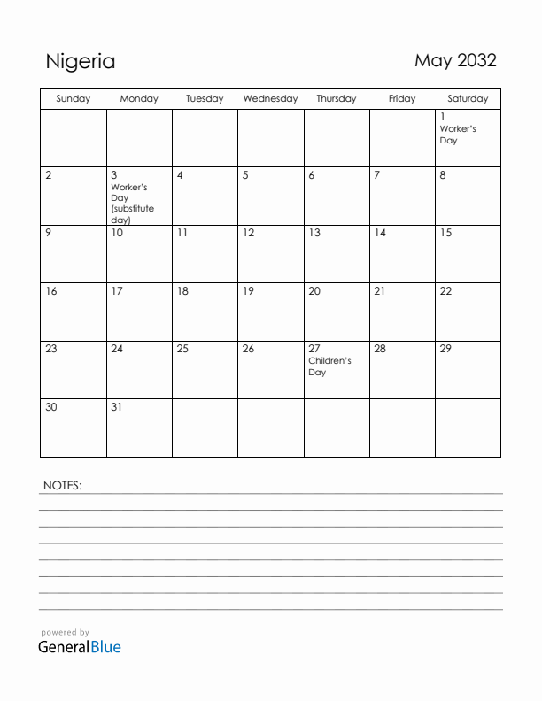 May 2032 Nigeria Calendar with Holidays (Sunday Start)