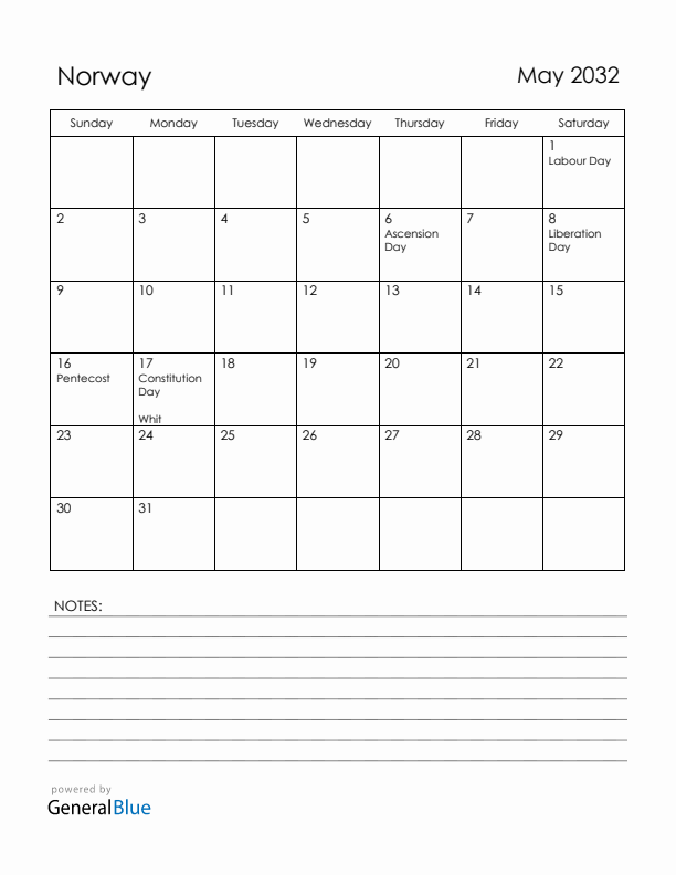 May 2032 Norway Calendar with Holidays (Sunday Start)