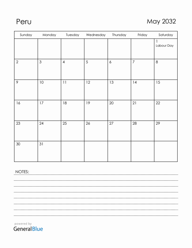 May 2032 Peru Calendar with Holidays (Sunday Start)