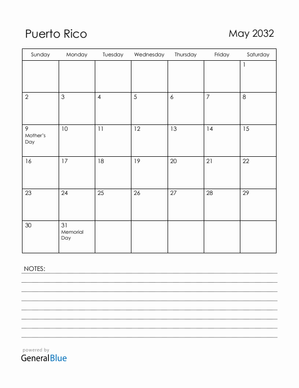 May 2032 Puerto Rico Calendar with Holidays (Sunday Start)