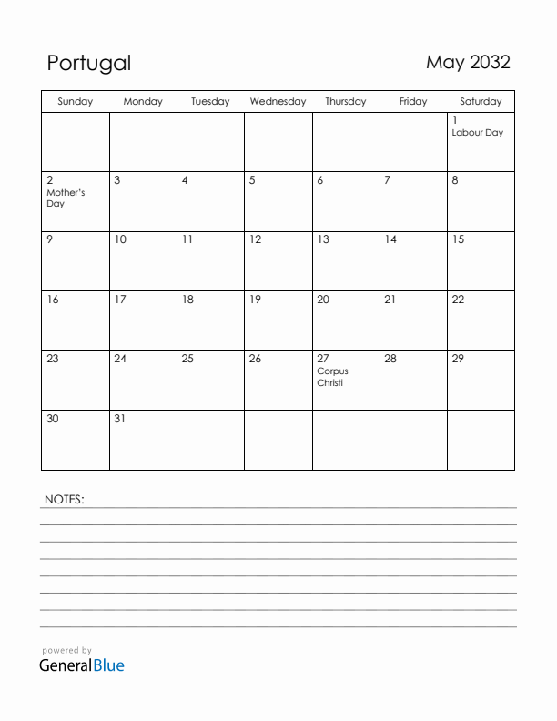 May 2032 Portugal Calendar with Holidays (Sunday Start)