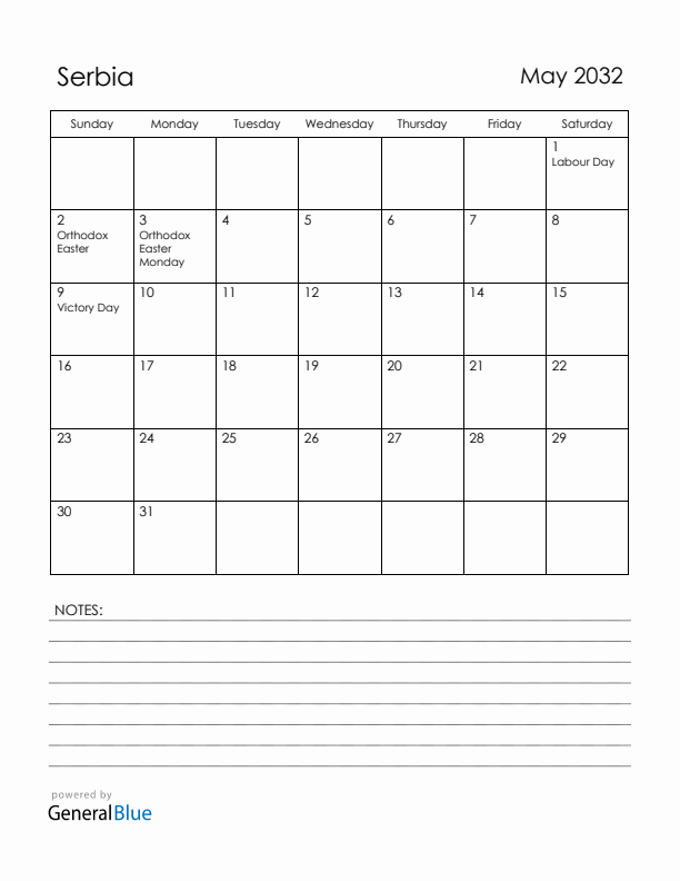 May 2032 Serbia Calendar with Holidays (Sunday Start)