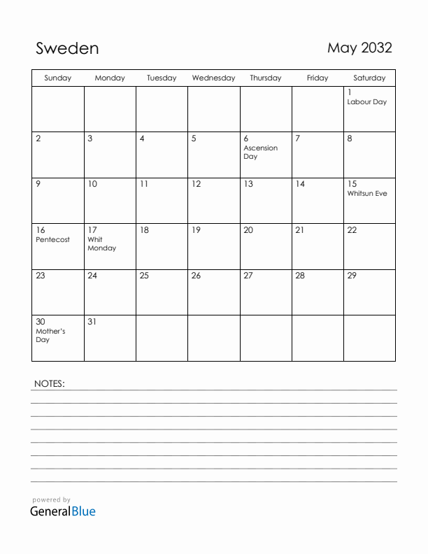 May 2032 Sweden Calendar with Holidays (Sunday Start)