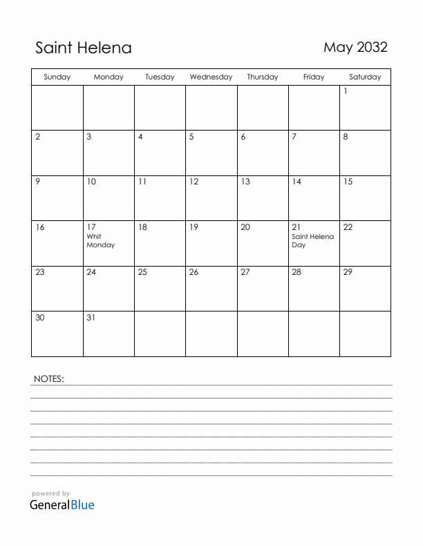 May 2032 Saint Helena Calendar with Holidays (Sunday Start)