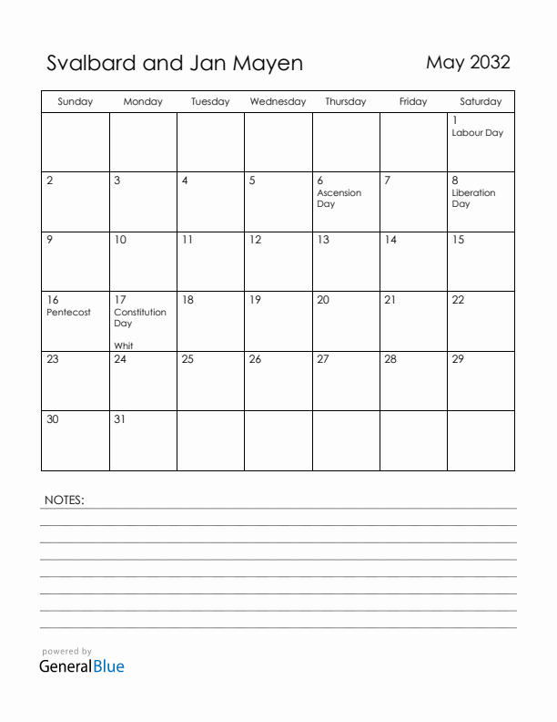 May 2032 Svalbard and Jan Mayen Calendar with Holidays (Sunday Start)