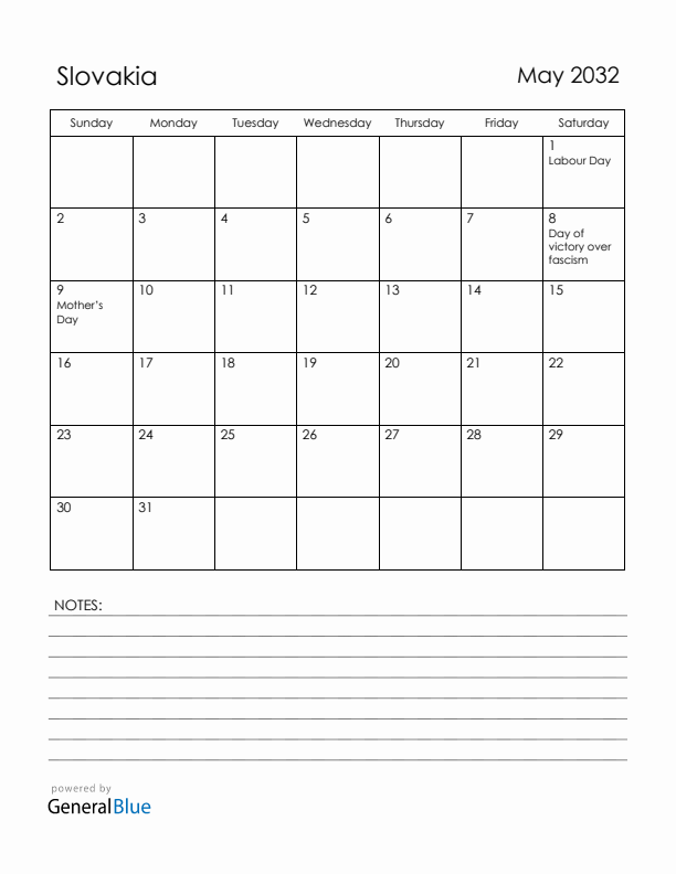 May 2032 Slovakia Calendar with Holidays (Sunday Start)