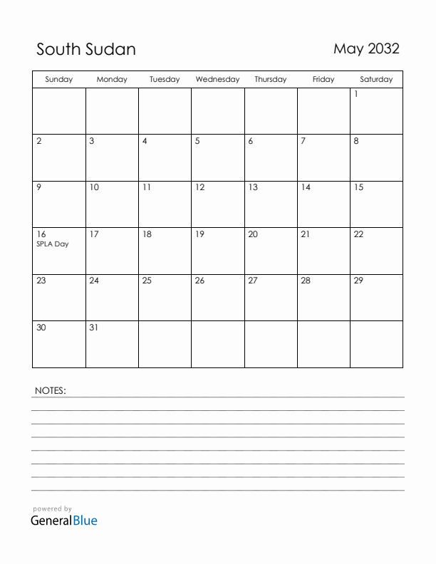 May 2032 South Sudan Calendar with Holidays (Sunday Start)