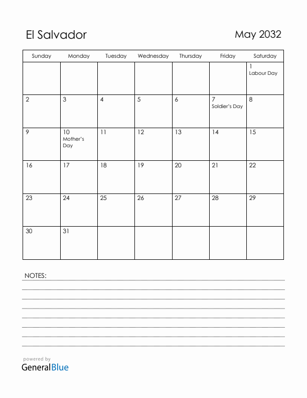 May 2032 El Salvador Calendar with Holidays (Sunday Start)