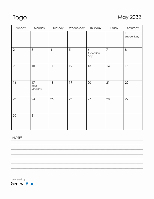 May 2032 Togo Calendar with Holidays (Sunday Start)