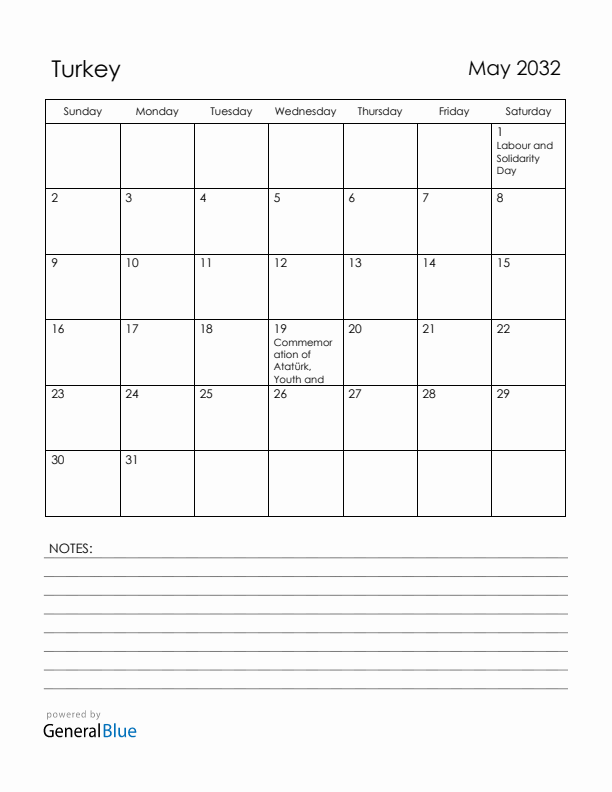 May 2032 Turkey Calendar with Holidays (Sunday Start)