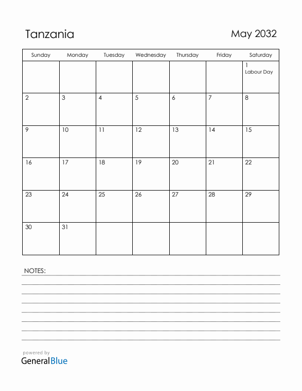 May 2032 Tanzania Calendar with Holidays (Sunday Start)