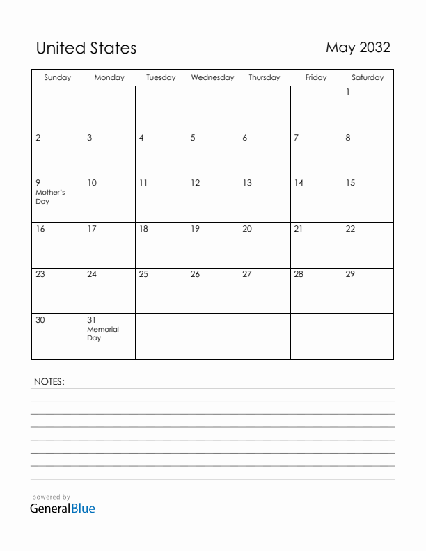 May 2032 United States Calendar with Holidays (Sunday Start)