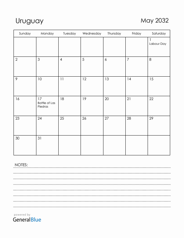 May 2032 Uruguay Calendar with Holidays (Sunday Start)