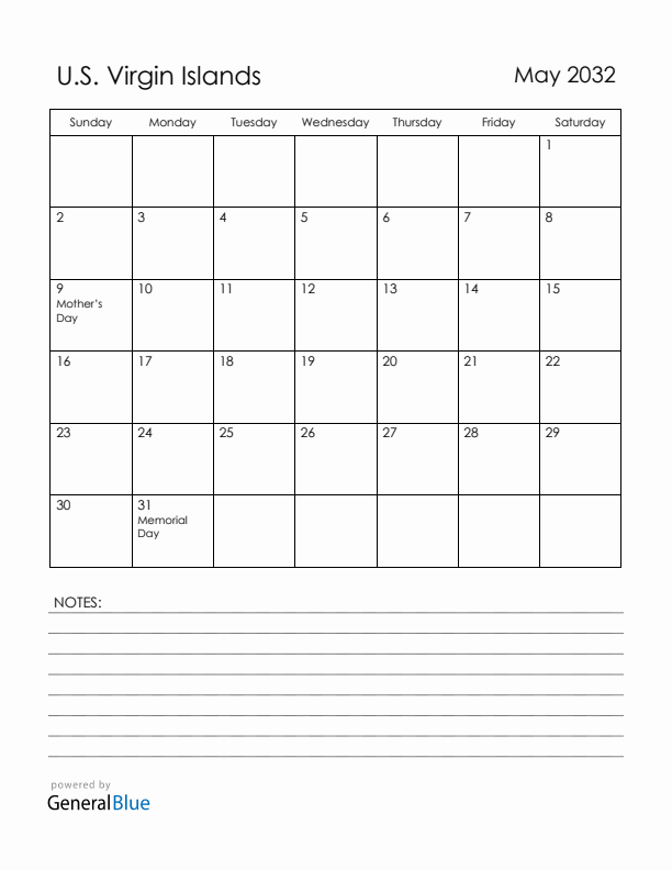 May 2032 U.S. Virgin Islands Calendar with Holidays (Sunday Start)
