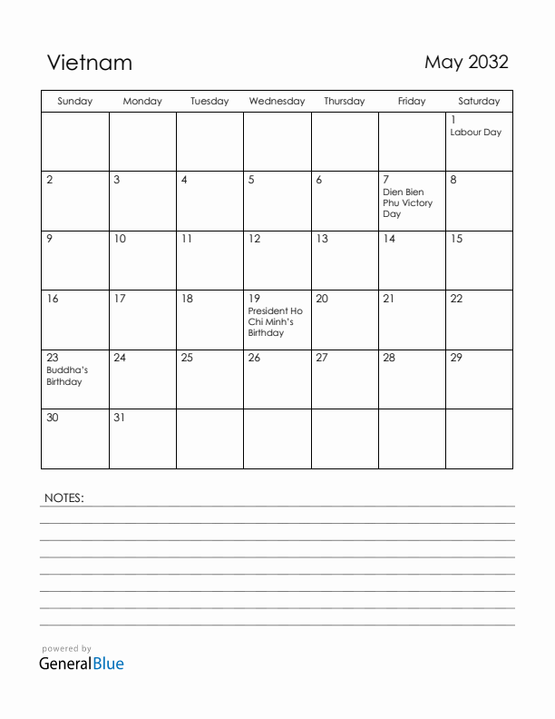 May 2032 Vietnam Calendar with Holidays (Sunday Start)