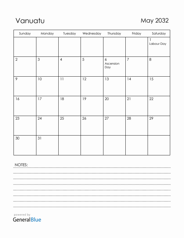 May 2032 Vanuatu Calendar with Holidays (Sunday Start)