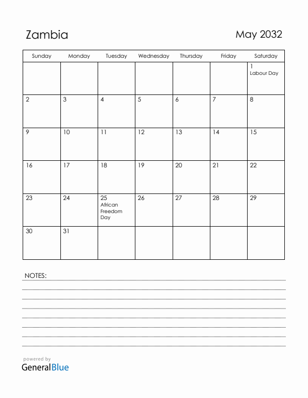 May 2032 Zambia Calendar with Holidays (Sunday Start)